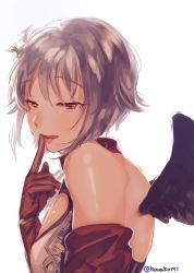 Rule 34 | 1girl, bare shoulders, black wings, blush, breasts, feathered wings, finger to mouth, gloves, hair ornament, half-closed eyes, hanako151, idolmaster, idolmaster cinderella girls, koshimizu sachiko, looking at viewer, parted lips, red eyes, red gloves, shirt, short hair, silver hair, smile, solo, twitter username, upper body, white background, white shirt, wings