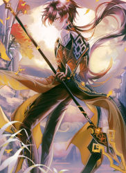 Rule 34 | 1boy, absurdres, bad id, bad pixiv id, black gloves, black hair, brown hair, closed mouth, cloud, cloudy sky, earrings, formal, from behind, fuyuumikou, genshin impact, gloves, gradient hair, grass, hair between eyes, highres, holding, holding polearm, holding spear, holding weapon, huge filesize, jacket, jewelry, leaf, long hair, long sleeves, looking at viewer, looking back, male focus, mountain, multicolored hair, polearm, ponytail, single earring, sky, solo, spear, suit, tassel, tassel earrings, tree, weapon, yellow eyes, zhongli (genshin impact)
