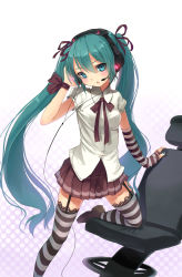 Rule 34 | 1girl, aqua eyes, aqua hair, blush, chair, elbow gloves, fingerless gloves, fkey, garter straps, gloves, halftone, halftone background, hand on own ear, hatsune miku, headphones, headset, highres, long hair, looking at viewer, single elbow glove, single glove, skirt, solo, striped clothes, striped thighhighs, thighhighs, twintails, very long hair, vocaloid, zettai ryouiki