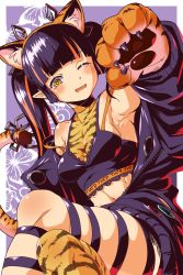 Rule 34 | 1girl, alternate hair color, alternate tail, animal ears, animal hands, black hair, black jacket, black ribbon, black shirt, blouse, blunt bangs, blush, breasts, cleavage, commentary request, crop top, crossed legs, demon girl, demon horns, fake animal ears, feet out of frame, gloves, highres, horns, jacket, kojo anna, leg ribbon, long hair, long sleeves, looking at viewer, medium breasts, midriff, multicolored hair, nanashi inc., nantyu-a, navel, off shoulder, one eye closed, open clothes, open jacket, open mouth, orange hair, paw gloves, pointy ears, ribbon, see-through, see-through shirt, shirt, sleeveless, sleeveless shirt, smile, solo, sugar lyric, tail, tiger ears, tiger stripes, tiger tail, twintails, two-tone hair, virtual youtuber, yellow eyes, zipper