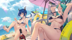 3girls, :d, absurdres, aqua hair, arknights, armband, arms behind head, bangs, bare shoulders, beach, bikini, bikini pull, bird, black bikini, blonde hair, blue bikini, blue hair, blush, breasts, ch&#039;en (arknights), chair, cleavage, cloud, commentary request, crab, double bun, dragon horns, eyebrows visible through hair, eyes closed, feet up, gummy (arknights), highres, holding, horns, hoshiguma (arknights), inflatable shark, inflatable toy, innertube, large breasts, legs crossed, long hair, looking at animal, lounge chair, multiple girls, nose bubble, ocean, open mouth, orange eyes, red eyes, short hair, single horn, sitting, sleeping, smile, somna, swimsuit, teeth, twintails