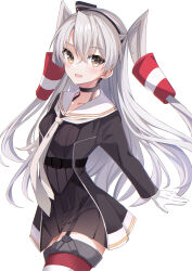 Rule 34 | 1girl, amatsukaze (kancolle), amatsukaze kai ni (kancolle), black dress, blush, collarbone, cowboy shot, dress, fathom, gloves, grey hair, hair between eyes, hair tubes, highres, kantai collection, long hair, long sleeves, looking at viewer, open mouth, red thighhighs, sailor dress, simple background, smile, solo, thighhighs, two side up, white background, white gloves, yellow eyes