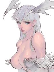Rule 34 | 1girl, bare shoulders, breasts, cleavage, collarbone, commentary request, feather trim, green eyes, head wings, highres, kazama raita, large breasts, leotard, lips, lipstick, long hair, looking at viewer, makeup, morrigan aensland, simple background, solo, strapless, strapless leotard, upper body, vampire (game), white background, wings