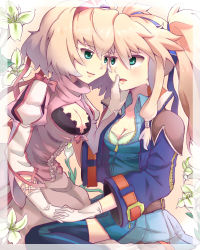 Rule 34 | 2girls, alexia lynn elesius, blonde hair, blue thighhighs, breasts, clarissa arwin, cleavage, coat, dress, green eyes, hairband, holding hands, long hair, multiple girls, short hair, small breasts, smile, thighhighs, twintails, wild arms, wild arms xf, yude, yuri