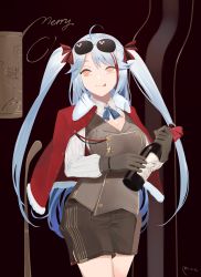 Rule 34 | 1girl, :p, ahoge, azur lane, black gloves, black shorts, bottle, breasts, cleavage, cowboy shot, eyewear on head, gloves, highres, long hair, looking at viewer, merry christmas, military, military uniform, prinz eugen (azur lane), red eyes, shorts, silver hair, solo, sunglasses, tongue, tongue out, twintails, two side up, uniform, very long hair, yueguang zhanglang