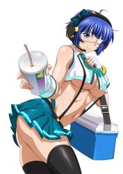 Rule 34 | 1girl, ass, black thighhighs, blue hair, bow, breasts, cup, drink, eyepatch, fingerless gloves, gloves, green eyes, headphones, holding, ikkitousen, large breasts, looking at viewer, lunchbox, microphone, mole, mole under mouth, navel, necktie, official art, pleated skirt, ryomou shimei, shiny skin, short hair, simple background, skirt, sleeveless, smile, solo, suspenders, thighhighs, twisted torso, underboob, white background