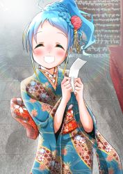 Rule 34 | 1girl, blonde hair, blue hair, blue kimono, blush, braid, braided bangs, closed eyes, floral print, furisode, gradient hair, hair ornament, hair up, holding, holding paper, japanese clothes, kantai collection, kimono, light rays, long sleeves, looking at viewer, multicolored hair, obi, omikuji, open mouth, paper, ponytail, samidare (kancolle), sash, shadow, sidelocks, smile, solo, stone floor, swept bangs, wide sleeves, yokoshima (euphoria)