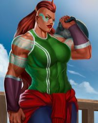 Rule 34 | 1girl, abs, absurdres, alternate costume, bare shoulders, breasts, brown hair, curvy, dark-skinned female, dark skin, female focus, green eyes, highres, illaoi, large breasts, league of legends, lipstick, looking at viewer, makeup, muscular, muscular arms, muscular female, ship, sky, solo, tattoo, watercraft, weapon
