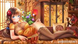 Rule 34 | 1girl, blue eyes, blush, breasts, brown hair, cat, china dress, chinese clothes, dress, flower, folding fan, hair bobbles, hair ornament, hand fan, high heels, indoors, lace, lace-trimmed legwear, lace trim, large breasts, long hair, looking at viewer, lying, mwwhxl, on side, original, pumps, red footwear, see-through, shoes, smile, solo, stiletto heels, thighhighs