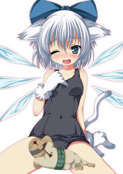Rule 34 | 1boy, 1girl, animal ears, animal hands, blue eyes, blush, bow, breath, cat ears, cat tail, cirno, fang, gloves, hair bow, highres, ice, ice wings, kemonomimi mode, ma-yu, one-piece swimsuit, one eye closed, open mouth, paw gloves, school swimsuit, short hair, silver hair, swimsuit, tail, touhou, wings, wink