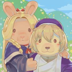 Rule 34 | 2girls, animalization, blonde hair, blue sky, blush stickers, braid, cloud, commentary, day, dungeon meshi, english commentary, falin touden, furry, furry female, hat, highres, jinaxxo, light brown hair, long hair, looking at viewer, marcille donato, mountainous horizon, multiple girls, outdoors, rabbit, robe, short hair, single blush sticker, sky, smile