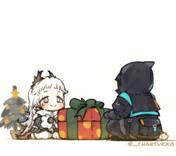 Rule 34 | 1girl, 1other, ambiguous gender, arknights, arm rest, artist name, black coat, black footwear, black gloves, black hood, black jacket, black pants, black wings, blush, box, bright pupils, capelet, chibi, chibi inset, christmas, christmas ornaments, christmas present, christmas tree, clenched hands, closed mouth, coat, commentary request, cross scar, crossed legs, doctor (arknights), earrings, facing another, facing to the side, film grain, from side, gift, gift box, gift wrapping, gloves, green ribbon, grey eyes, head wings, highres, hood, hood up, hooded coat, invisible floor, irene (arknights), jacket, jewelry, korean commentary, long hair, long sleeves, looking ahead, looking at another, oetchi, outstretched arms, pants, pantyhose, pine tree, pocket, pouch, puffy long sleeves, puffy sleeves, raised eyebrows, ribbon, scar, scar across eye, scar on face, sitting, sleeve cuffs, smile, star (symbol), strap, tree, twitter username, variant set, very long hair, wariza, white capelet, white hair, white pantyhose, white pupils, wings