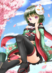 Rule 34 | 1girl, bell, black bow, black footwear, black scarf, black thighhighs, blue sky, blush, bow, checkered sash, closed mouth, cloud, commentary request, copyright request, day, flower, fox mask, fringe trim, green hair, green kimono, head tilt, highres, japanese clothes, jingle bell, kimono, knee up, long sleeves, mask, mask on head, multicolored clothes, multicolored scarf, obi, off shoulder, outdoors, panties, petals, pink flower, platform footwear, platform heels, purple eyes, red scarf, ribbon-trimmed sleeves, ribbon trim, sandals, sash, scarf, sitting, sky, smile, solo, thighhighs, underwear, white panties, wide sleeves, xenon (for achieve), zouri