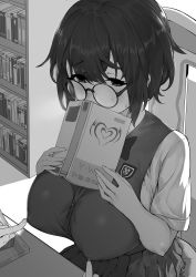 Rule 34 | 1girl, 1other, absurdres, blush, book, book stack, bookshelf, breasts, chair, covered erect nipples, covering own mouth, dawalixi, fingernails, from above, glasses, greyscale, hair between eyes, heart, highres, holding, holding book, huge breasts, indoors, library, looking to the side, monochrome, nipple stimulation, nipple tweak, original, pleated skirt, school uniform, short hair, short sleeves, sitting, skirt, solo focus, sweatdrop, table, vest