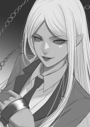 1girl absurdres breasts chain chain_leash collared_shirt eyelashes gradient_background greyscale highres holding holding_leash hyakkaou_academy_school_uniform jacket juraku_sachiko kakegurui kakegurui_twin leash lipstick long_hair looking_at_viewer makeup monochrome nail_polish necktie parted_bangs parted_lips school_uniform shirt sketch smile solo ssk06150 upper_body very_long_hair