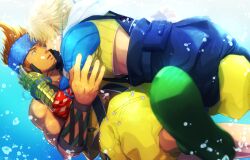 Rule 34 | 2boys, air bubble, armor, blonde hair, blue headband, brown eyes, bubble, closed eyes, cropped jacket, dark-skinned male, dark skin, detached sleeves, final fantasy, final fantasy x, gauntlets, gloves, green footwear, grin, hands on another&#039;s face, headband, hood, hood down, hooded jacket, jacket, jewelry, jumpsuit, looking at another, male focus, multiple boys, muscular, muscular male, necklace, open mouth, orange hair, pants, short hair, smile, tamagokake shio, tidus, underwater, wakka, yaoi, yellow pants