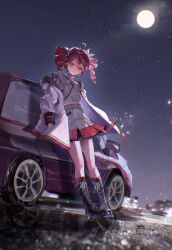 1girl ahoge belt black_belt black_footwear black_sleeve_cuffs boots bow breasts buttons car city_lights cityscape commentary_request cross-laced_footwear double-breasted double-parted_bangs drill_hair full_body full_moon grey_jacket hair_between_eyes hair_bow hair_ribbon highres jacket kasane_teto kasane_teto_(sv) kikinoki knee_boots kneehighs lace-up_boots layered_skirt long_sleeves looking_at_viewer midriff_peek miniskirt moon motor_vehicle night night_sky outdoors red_belt red_eyes red_hair red_skirt red_socks red_trim ribbon shoulder_belt shoulder_boards skirt skirt_set sky sleeve_cuffs sleeves_past_elbows small_breasts smile socks solo staff_(music) standing star_(sky) striped_clothes striped_jacket striped_skirt synthesizer_v twin_drills utau white_bow white_jacket white_ribbon