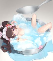 Rule 34 | 1girl, bananafish1111, blue archive, blush, brown hair, completely nude, flat chest, flower, food, hair flower, hair ornament, highres, in food, long hair, looking at viewer, lying, maid headdress, mini person, minigirl, nude, on back, partially submerged, pink flower, purple eyes, red flower, shaved ice, shizuko (blue archive), shizuko (swimsuit) (blue archive), smile, solo, spoon, water, wet