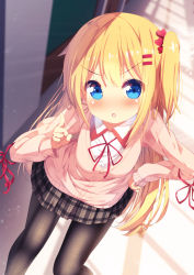 Rule 34 | 1girl, :o, akai haato, black pantyhose, blonde hair, blue eyes, blurry, blurry background, blush, breasts, brown cardigan, brown skirt, cardigan, chinomaron, collared shirt, commentary request, depth of field, dress shirt, hair ornament, hairclip, hand on own hip, heart, heart hair ornament, highres, hololive, index finger raised, indoors, long hair, long sleeves, looking at viewer, neck ribbon, one side up, pantyhose, parted lips, plaid, plaid skirt, pleated skirt, red ribbon, ribbon, school uniform, shirt, skirt, small breasts, solo, standing, v-shaped eyebrows, very long hair, virtual youtuber, white shirt