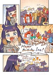 Rule 34 | 1girl, :d, ^ ^, blue eyes, blush, brown hair, cake, candle, closed eyes, commentary, drawstring, emphasis lines, english commentary, english text, fang, fire, food, gradient hair, grey hoodie, hair ornament, halo, happy birthday, hat, headpat, highres, hololive, hololive english, hood, hood down, hoodie, itsuki tasuku, multicolored hair, ninomae ina&#039;nis, ninomae ina&#039;nis (loungewear), one eye closed, open mouth, party hat, profile, purple hair, romaji text, smile, takodachi (ninomae ina&#039;nis), tears, virtual youtuber, wavy mouth, yawning