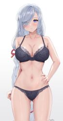 Rule 34 | 1girl, blue eyes, blush, bra, breasts, collarbone, commentary request, dokimaru, genshin impact, gluteal fold, hair over one eye, hand on own hip, highres, large breasts, long hair, looking at viewer, navel, panties, shenhe (genshin impact), solo, thighs, underwear, white background, white hair