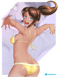 Rule 34 | 1girl, artist name, asahina aoi, ass, bare arms, bare shoulders, bikini, blue eyes, breasts, brown hair, butt crack, danganronpa: trigger happy havoc, danganronpa (series), dark skin, etchimune, hair ornament, long hair, looking at viewer, looking back, medium breasts, open mouth, outstretched arms, ponytail, shiny skin, simple background, smile, solo, spread arms, swimsuit, thighs, upper body, yellow bikini, zoom layer