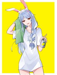 Rule 34 | 1girl, absurdres, ahoge, alternate costume, alternate hairstyle, animal ear fluff, animal ears, blue hair, bow, braid, can, clothes writing, collarbone, commentary, cowboy shot, english commentary, engrish commentary, hair bow, hair down, hand up, highres, himura soichiro, holding, holding can, holding towel, hololive, long hair, long shirt, looking at viewer, multicolored hair, open mouth, orange eyes, rabbit ears, shirt, side braid, single braid, solo, standing, swept bangs, teeth, towel, two-tone hair, upper teeth only, usada pekora, virtual youtuber, wet, white hair, white shirt, wrist bow, yellow background