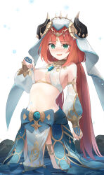 Rule 34 | 1girl, :d, absurdres, aqua eyes, arm at side, bare shoulders, blue bow, blue gemstone, blue skirt, blush, bow, bracer, breasts, brooch, circlet, clothes pull, commentary, cowboy shot, crop top, detached sleeves, fake horns, gem, genshin impact, hand up, harem outfit, highres, horns, jewelry, long hair, long sleeves, looking at viewer, low twintails, medium breasts, navel, neck ring, nilou (genshin impact), open mouth, opm7760, parted bangs, pelvic curtain, puffy long sleeves, puffy sleeves, pulling own clothes, red hair, rock, shirt pull, sideboob, skirt, smile, solo, stomach, straight hair, thighlet, thighs, twintails, veil, very long hair, wading, water, white background, white headwear