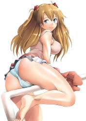 Rule 34 | 1girl, alternate breast size, ass, ass focus, bare legs, bare shoulders, barefoot, blue eyes, breasts, brown hair, cameltoe, camisole, cleft of venus, covered erect nipples, crotch rub, crotch rubbing against pole, evangelion: 2.0 you can (not) advance, fat mons, horizontal pole rub, huge ass, interface headset, large breasts, lips, neon genesis evangelion, off shoulder, panties, pole, pole grind, rebuild of evangelion, sakai hamachi, shiny skin, skirt, smile, solo, souryuu asuka langley, strap slip, striped clothes, striped panties, tank top, two side up, underwear, wide hips