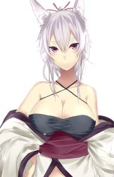 Rule 34 | 1girl, animal ears, bare shoulders, breasts, cleavage, collarbone, criss-cross halter, eyebrows, fox ears, fox girl, hair ribbon, halterneck, halterneck, hand on own hip, highres, hikimayu, japanese clothes, kimono, large breasts, light purple hair, long sleeves, looking at viewer, medium breasts, obi, onineko-chan, original, purple eyes, red ribbon, ribbon, sash, short hair, simple background, solo, standing, thick eyebrows, upper body, white background, wide sleeves