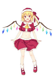 Rule 34 | 1girl, :d, ascot, bare legs, bekotarou, blonde hair, blush, crop top, cropped jacket, flandre scarlet, full body, hair ribbon, hat, looking at viewer, midriff, miniskirt, navel, open mouth, pink eyes, red hat, red ribbon, red skirt, ribbon, short hair, short sleeves, side ponytail, simple background, skirt, smile, solo, standing, touhou, white background, wings