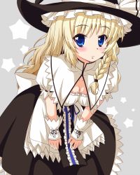 Rule 34 | 1girl, apron, blonde hair, blue eyes, blush, bow, braid, breasts, capelet, cleavage, curiosities of lotus asia, grey background, hands on thighs, hat, hat ribbon, highres, kirisame marisa, leaning forward, light smile, long hair, looking at viewer, medium breasts, puffy short sleeves, puffy sleeves, revision, ribbon, short sleeves, single braid, solo, star (symbol), starry background, touhou, utakata (azaka00), waist apron, witch hat, wrist cuffs