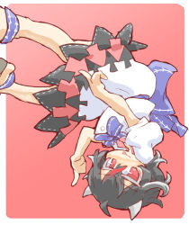 Rule 34 | 1girl, black hair, blue ribbon, commentary request, grey horns, horns, kijin seija, multicolored hair, neck ribbon, puffy short sleeves, puffy sleeves, red eyes, red hair, ribbon, shirt, short hair, short sleeves, simple background, skirt, smile, solo, tongue, tongue out, touhou, upside-down, white hair, white shirt, white skirt, yamasina009