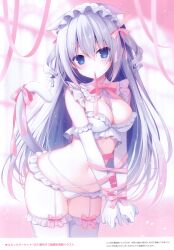 Rule 34 | 1girl, absurdres, animal ear fluff, animal ears, between breasts, blue eyes, blurry, blurry background, blush, bow, bra, breasts, cat ears, cat girl, cat tail, comiket 103, depth of field, elbow gloves, frilled bra, frilled hairband, frilled panties, frilled thighhighs, frills, gloves, grey hair, groin, hair between eyes, hairband, hasune, highres, long hair, medium breasts, mouth hold, navel, non-web source, original, panties, pink bow, pink ribbon, ribbon, ribbon in mouth, scan, solo, tail, thighhighs, two side up, underwear, underwear only, very long hair, white bra, white gloves, white hairband, white panties, white thighhighs