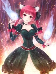 Rule 34 | 1girl, adapted costume, animal ears, bad id, bad pixiv id, braid, breasts, cat ears, cat girl, choker, cleavage, dress, embellished costume, female focus, frills, highres, kaenbyou rin, nunucco, red eyes, red hair, skull, smile, solo, touhou, twin braids, twintails