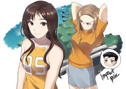 Rule 34 | 2girls, annoyed, arms behind head, arms up, black hair, blonde hair, blush, blush stickers, breasts, brown hair, closed mouth, commentary request, initial d, long hair, looking at viewer, looking to the side, medium breasts, multiple girls, nakazato takeshi, rktsm, satou mako, sayuki (initial d), shirt, short sleeves, skirt, sleeveless, sleeveless shirt, smile, standing, thought bubble