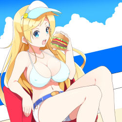 Rule 34 | 1girl, bikini, bikini top only, blonde hair, blue eyes, breasts, cleavage, earrings, eating, covered erect nipples, food, burger, haseneko, jewelry, large breasts, long hair, looking at viewer, midriff, navel, open mouth, original, short shorts, shorts, sitting, smiley face, solo, swimsuit, visor, visor cap