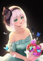 Rule 34 | 1girl, alternate costume, bare shoulders, black hairband, blue butterfly, blush, bouquet, bug, butterfly, collarbone, commentary, dress, falling feathers, feathers, flower, green dress, green eyes, hairband, hashtag-only commentary, highres, holding, holding bouquet, insect, konpaku youmu, looking at viewer, medium hair, narutakaya, off-shoulder dress, off shoulder, open mouth, pink flower, pink rose, red flower, red rose, rose, smile, solo, touhou, white feathers, white flower, white hair, white rose