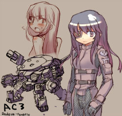 Rule 34 | 1girl, armored core, armored core 3, blush, female focus, from software, gun, long hair, mecha, multiple views, quad legs, redeye, robot, standing, upper body, weapon