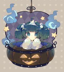 Rule 34 | 1girl, ahoge, argyle, argyle background, argyle clothes, bucket, commentary request, green eyes, green hair, hair bobbles, hair ornament, highres, hitodama, in bucket, in container, jack-o&#039;-lantern, japanese clothes, kimono, kisume, looking at viewer, nikorashi-ka, polka dot, polka dot background, short hair, sleeves past fingers, sleeves past wrists, solo, star (symbol), touhou, triangular headpiece, two side up, upper body, white kimono