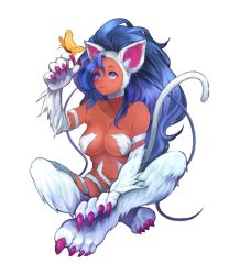 Rule 34 | 1girl, animal ears, animal hands, bad id, bad pixiv id, big hair, blue eyes, blue hair, blush, breasts, cat ears, cat tail, claws, felicia (vampire), fur, large breasts, long hair, matching hair/eyes, navel, settyaro, simple background, smile, solo, tail, vampire (game), white background