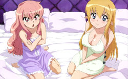 Rule 34 | 2girls, absurdres, angry, bare shoulders, barefoot, bed, between legs, blonde hair, blue eyes, breasts, cleavage, covered erect nipples, crossed arms, detexted, elf, fujii masahiro, highres, huge breasts, jpeg artifacts, large breasts, lingerie, looking at viewer, looking up, louise francoise le blanc de la valliere, multiple girls, nightgown, official art, on bed, open mouth, pillow, pink eyes, pink hair, pointy ears, presenting, scan, shiny skin, sitting, smile, third-party edit, tiffania westwood, underwear, wariza, zero no tsukaima