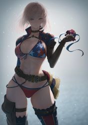 Rule 34 | 1girl, american flag bikini, american flag print, asymmetrical hair, bad id, bad twitter id, belt, bikini, blue eyes, blush, breasts, closed mouth, commentary request, cropped jacket, fate/grand order, fate (series), fingerless gloves, flag print, front-tie bikini top, front-tie top, gloves, gradient background, halterneck, highres, holding, imizu (nitro unknown), jacket, large breasts, lips, looking at viewer, miyamoto musashi (fate), miyamoto musashi (fate/grand order), miyamoto musashi (swimsuit berserker) (fate), miyamoto musashi (swimsuit berserker) (second ascension) (fate), pink hair, print bikini, shiny skin, simple background, smile, solo, star (symbol), star print, striped, swimsuit
