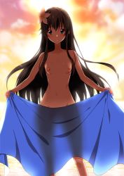 Rule 34 | 1girl, black hair, blush, breasts, collarbone, commentary request, covering privates, flower, hair flower, hair ornament, highres, long hair, looking at viewer, nipples, nude, nude cover, ocean, petite, red sky, sky, small breasts, smile, solo, standing, uncensored, yahari ore no seishun lovecome wa machigatteiru., yukinoshita yukino, yuto (dialique)