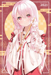 Rule 34 | 1girl, absurdres, akagikou, blush, closed mouth, collarbone, commentary request, egasumi, gohei, hair between eyes, hair ornament, hairclip, hakama, hakama skirt, hands up, head tilt, highres, holding, japanese clothes, kimono, long hair, long sleeves, looking at viewer, miko, nijisanji, pink hair, red eyes, red hakama, ribbon-trimmed sleeves, ribbon trim, shiina yuika, shiina yuika (3rd costume), skirt, sleeves past wrists, smile, solo, upper body, very long hair, virtual youtuber, white kimono, wide sleeves