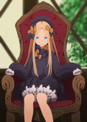 Rule 34 | 1girl, abigail williams (fate), armchair, bad id, bad pixiv id, black bow, black dress, black hat, blonde hair, bloomers, blue eyes, blurry, blurry background, bow, bug, butterfly, chair, closed mouth, commentary request, depth of field, dress, fate/grand order, fate (series), forehead, hair bow, hat, highres, insect, long hair, long sleeves, looking at viewer, orange bow, parted bangs, polka dot, polka dot bow, sitting, sleeves past wrists, smile, solo, sonri, underwear, very long hair, white bloomers