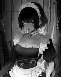 Rule 34 | 1girl, android, apron, asymmetrical sleeves, aztodio, blunt bangs, bob cut, breasts, choker, cleavage, commentary, cracked skin, cross-laced clothes, damaged, english commentary, frilled choker, frills, glowing, glowing eye, greyscale, highres, juliet sleeves, lips, long sleeves, maid, monochrome, original, puffy short sleeves, puffy sleeves, short hair, short sleeves, solo, torn clothes, torn sleeves, waist apron