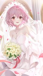 Rule 34 | 1girl, absurdres, breasts, bridal gauntlets, cleavage, date a live, dress, elbow gloves, gloves, highres, ion (on01e), looking at viewer, medium breasts, open mouth, pink hair, short hair, smile, solo, sonogami rinne, wedding dress, white bridal gauntlets