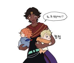 3boys aged_down blonde_hair bunet_(fire_emblem) dark-skinned_male dark_skin fire_emblem fire_emblem_engage fogado_(fire_emblem) gold_circlet gold_headband hahm0106 holding_baby multiple_boys nintendo orange_hair pandreo_(fire_emblem) prince speech_bubble star-shaped_pupils star_(symbol) symbol-shaped_pupils translation_request very_dark_skin