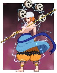 Rule 34 | 1girl, afrobull, anklet, backboob, bandana, bare arms, barefoot, belt, blue belt, border, bracelet, breasts, cosplay, earrings, electricity, enel, enel (cosplay), from behind, full body, highres, holding, jewelry, looking at viewer, looking back, medium breasts, mitsudomoe (shape), nami (one piece), one piece, outside border, pants, red background, short hair, shoulder tattoo, smile, solo, tattoo, tomoe (symbol), topless, white border